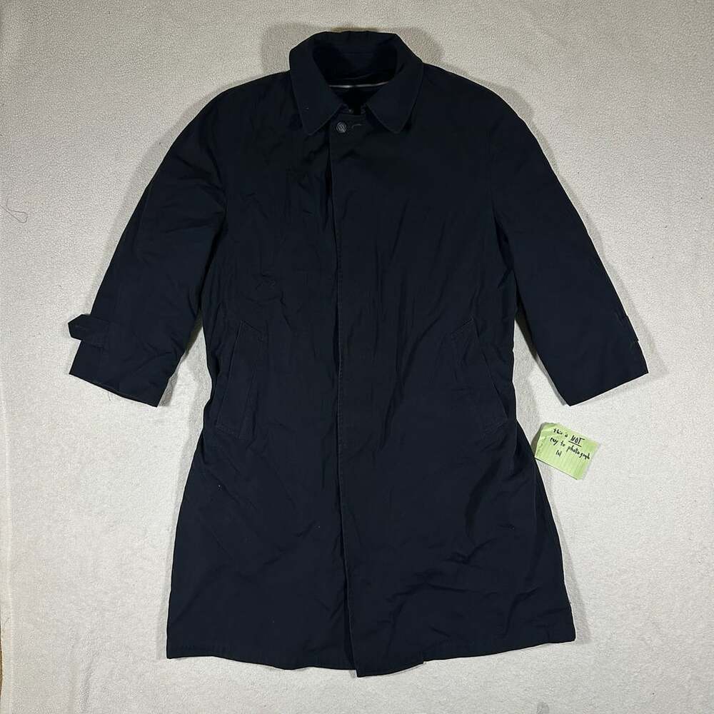 London Fog Mens 44R Black Trench Coat Long Overcoat Raincoat Lined Classic